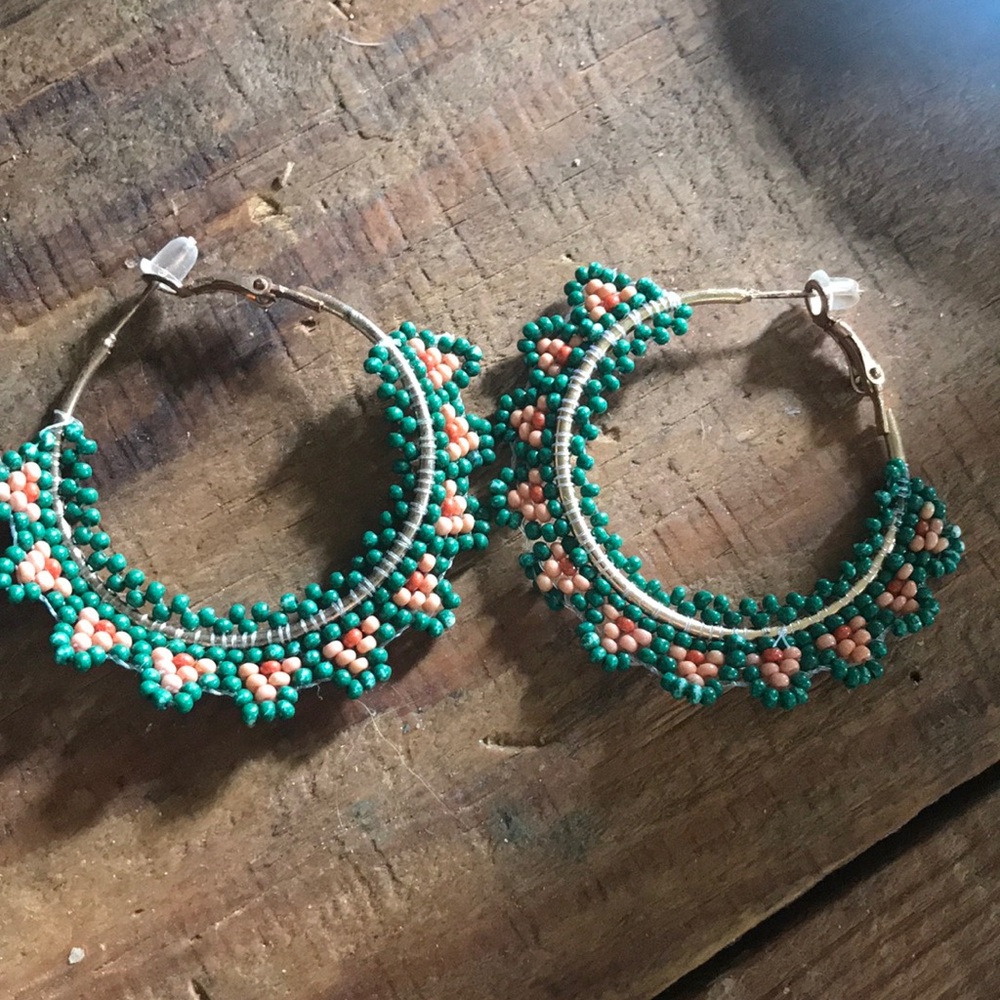 Beaded Green & Gold Earrings w/ accents of peach